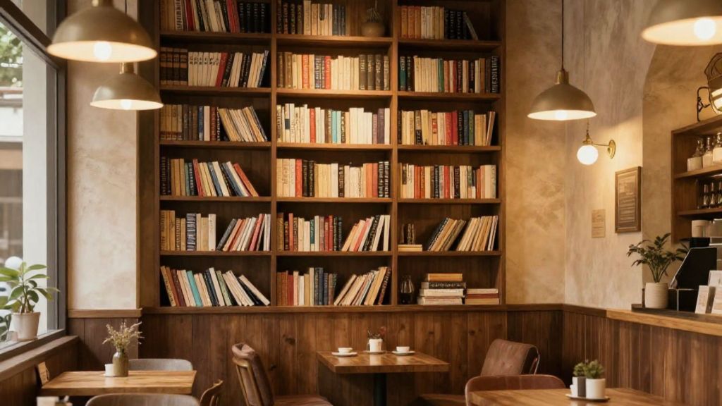 温かみのある本棚とカフェ空間